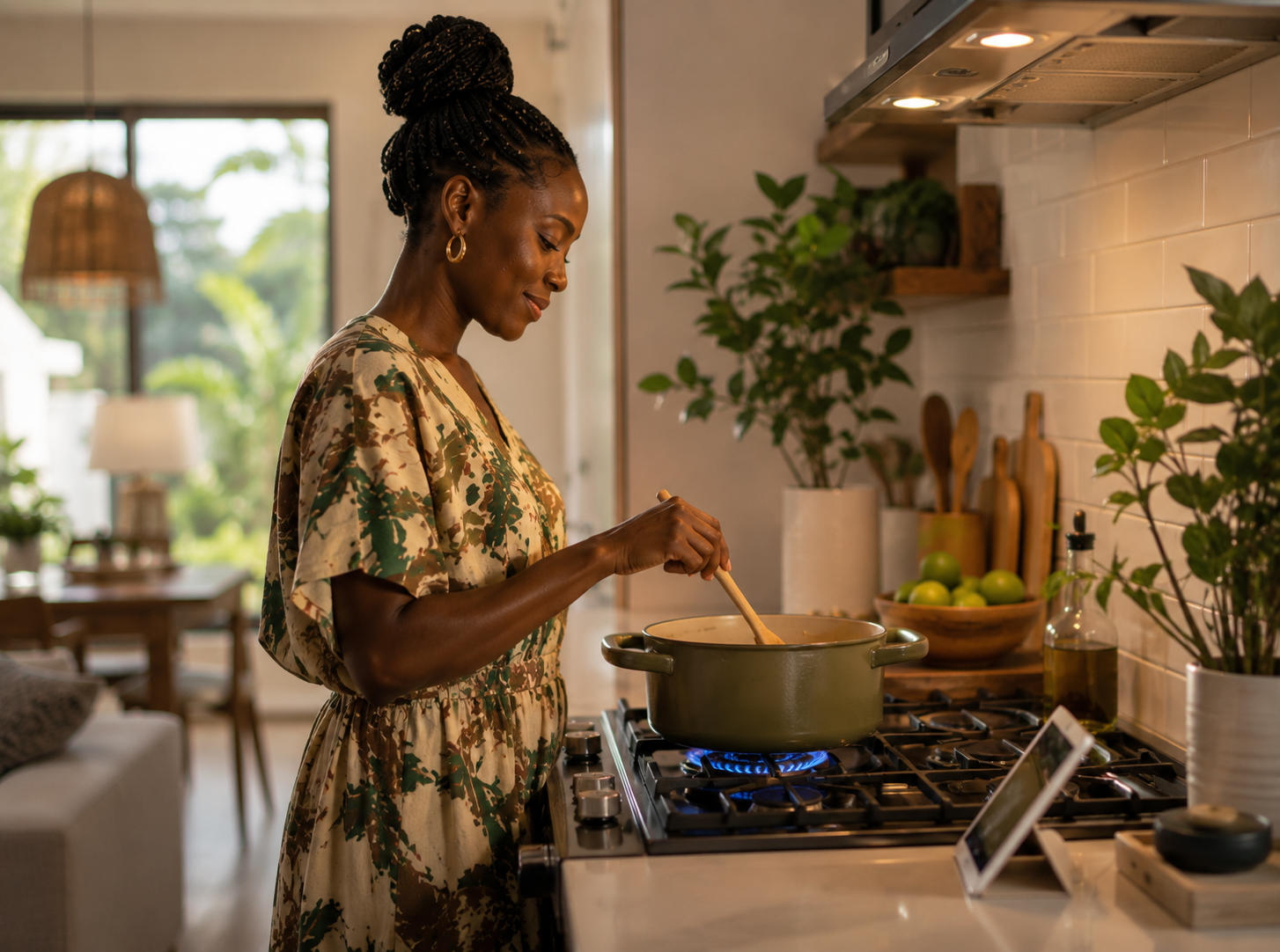 A woman stirring a pot on a lit gas burner in a warm, sunlit kitchen
