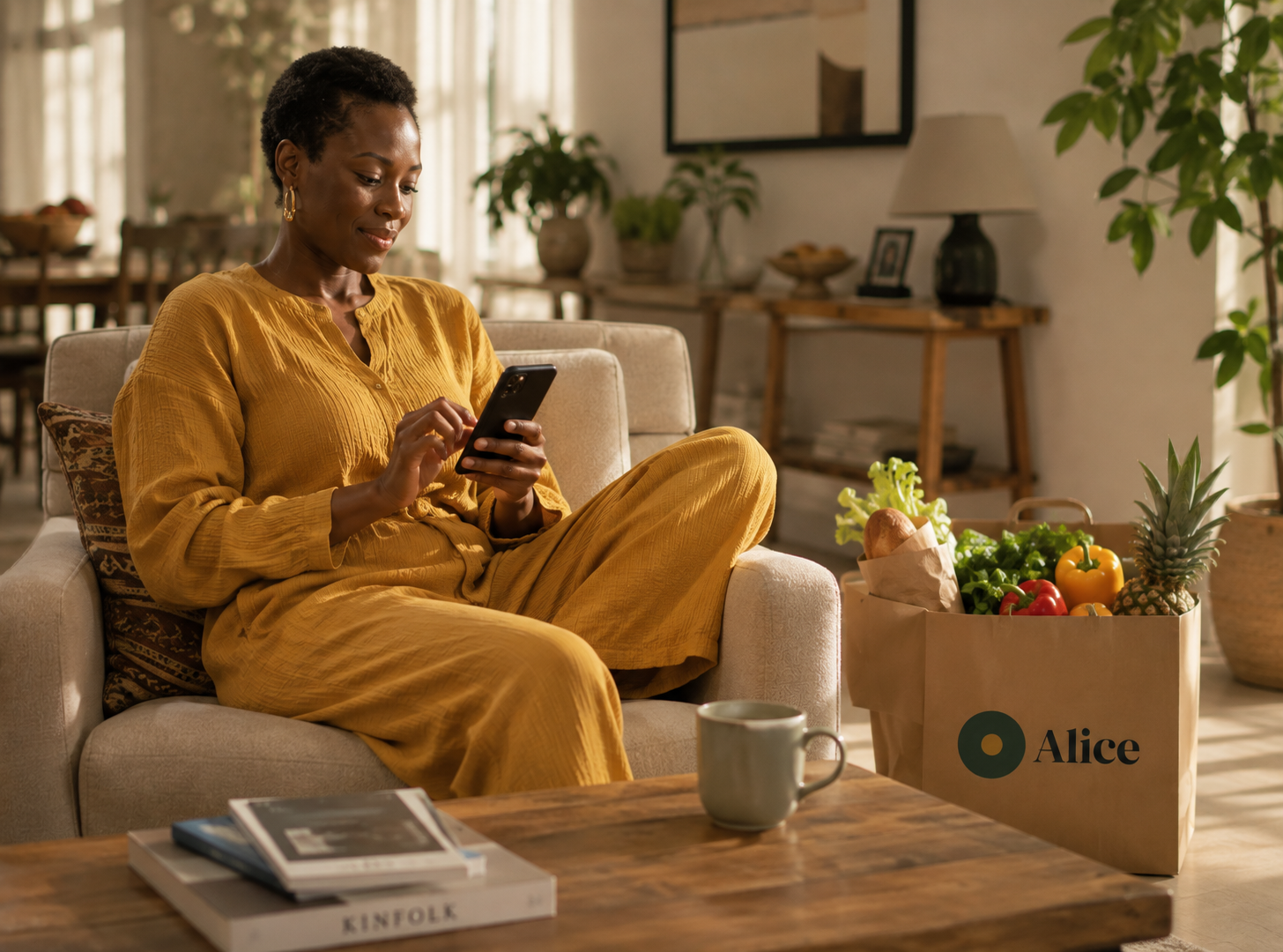 A woman on her phone beside a delivered Alice bag of fresh groceries