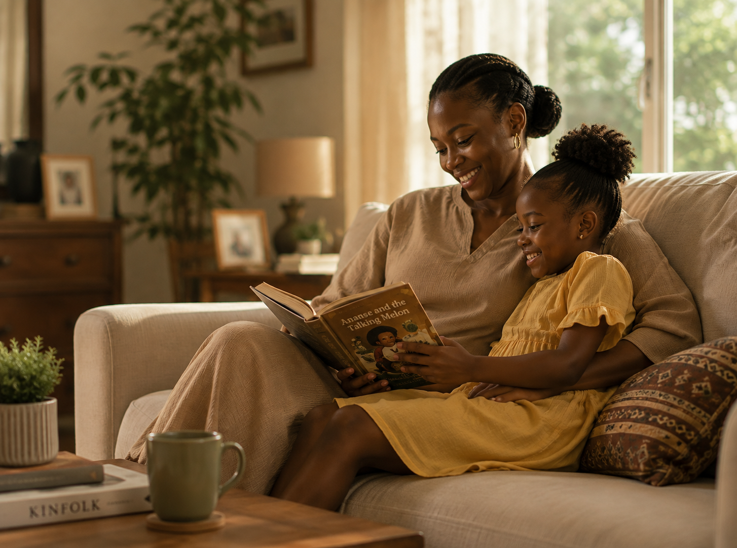 A mother reading a storybook with her daughter on the sofa